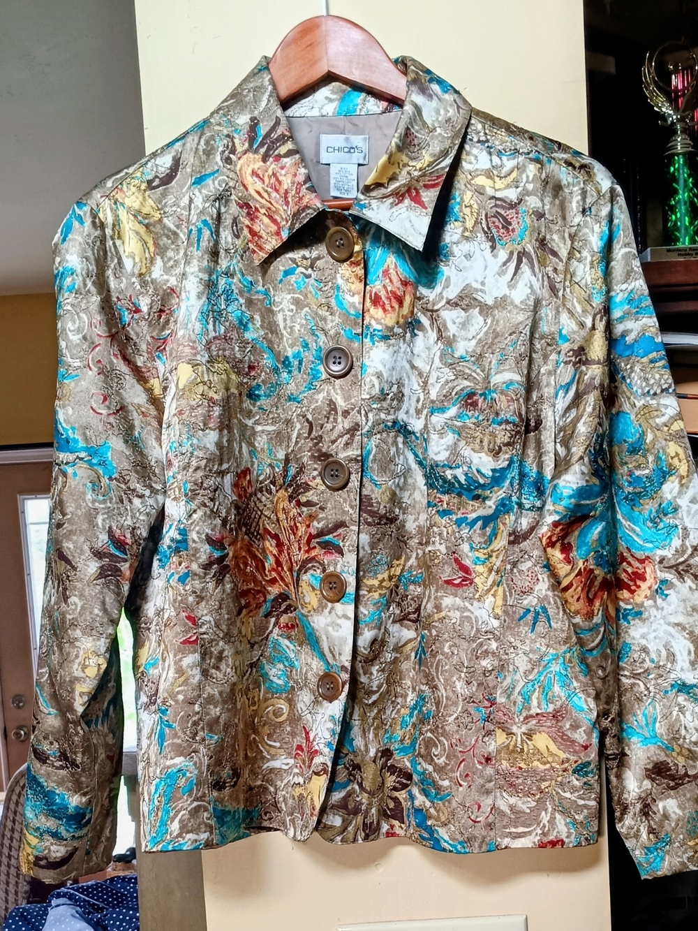 Silk And Cotton Chico's Floral Blazer with Turquoise and Gold Accents, Lined
